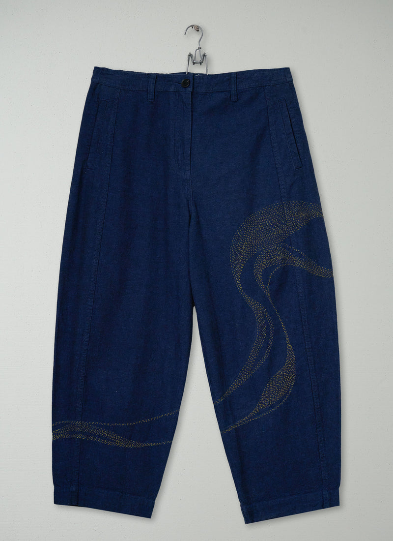 Renewed Organic Cotton Hemp Panel Trouser Size 12 (063) | Dark Chambray Blue