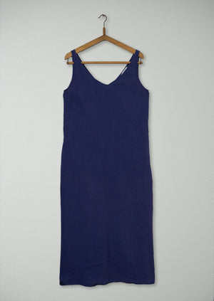 Reworn V Neck Linen Dress Size 12 (937) | Blue