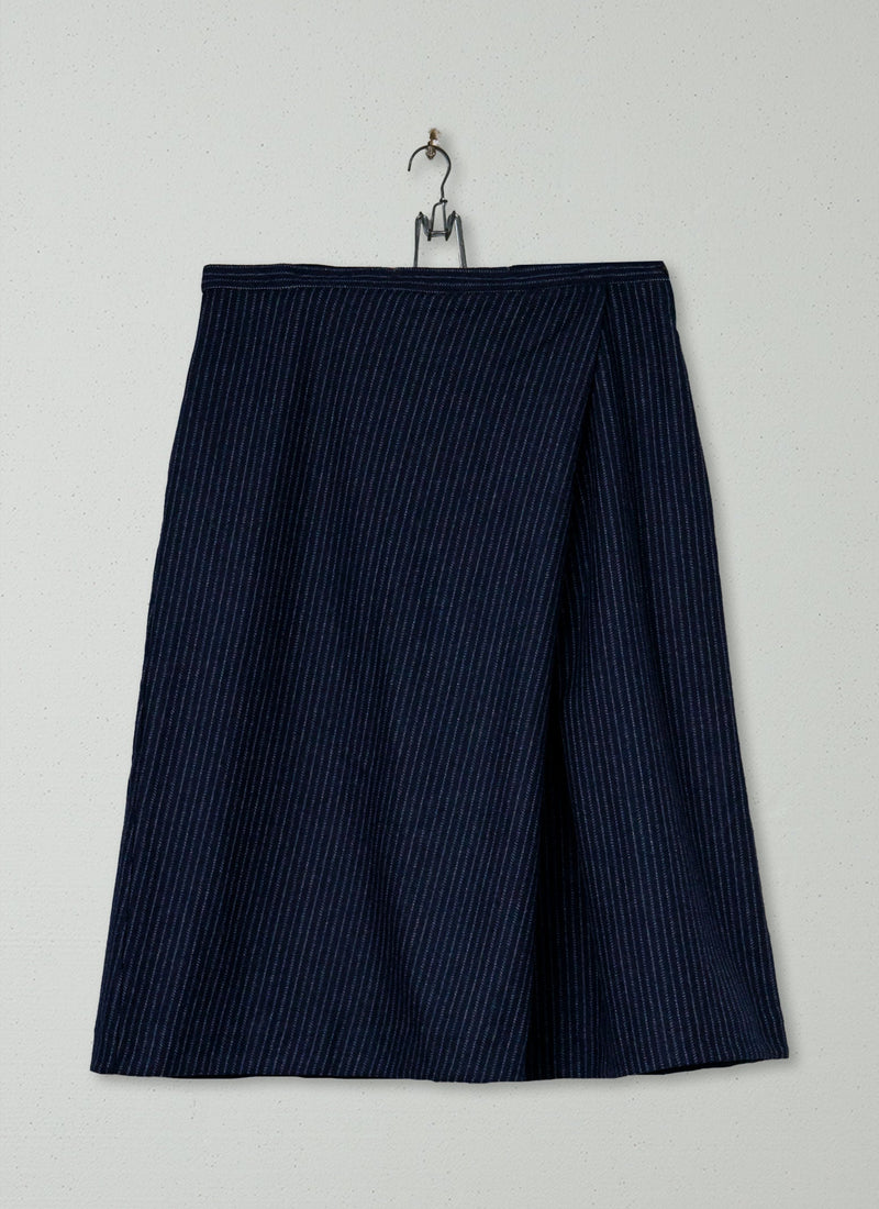 Reworn Wool Cashmere Stripe Skirt Size 12 (404) | Dark Navy