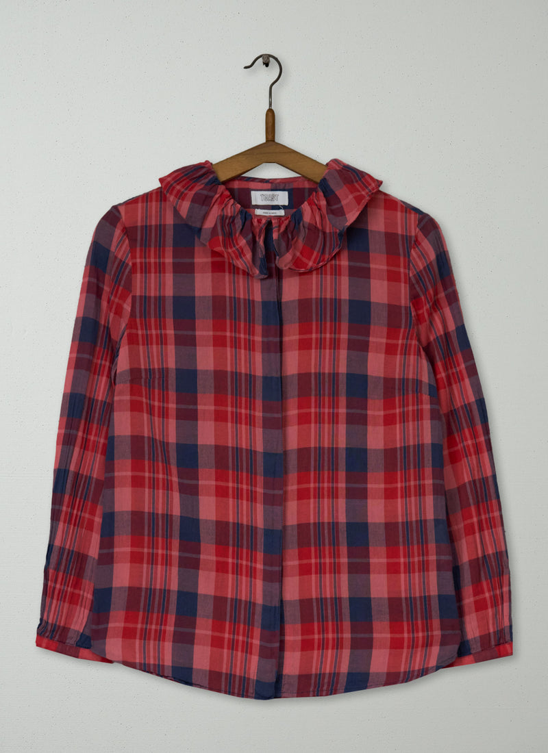 Reworn Ruffle Neck Cotton Shirt Size 6 (1007) | Raspberry