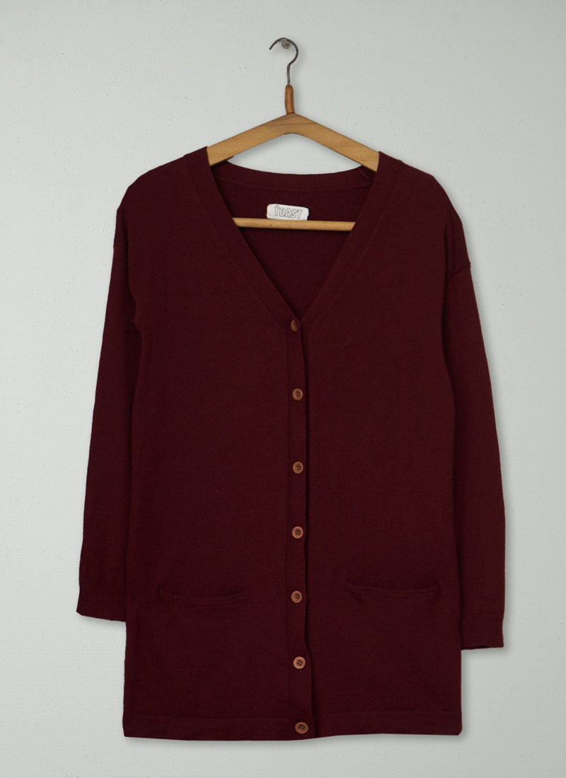 Reworn Long Merino Cardigan Size 12 (773) | Burgundy