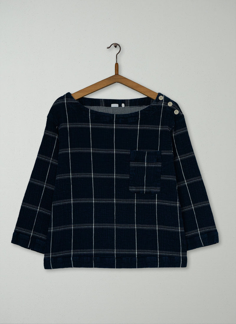 Reworn Crinkle Cotton Check Top Size M (1021) | Midnight