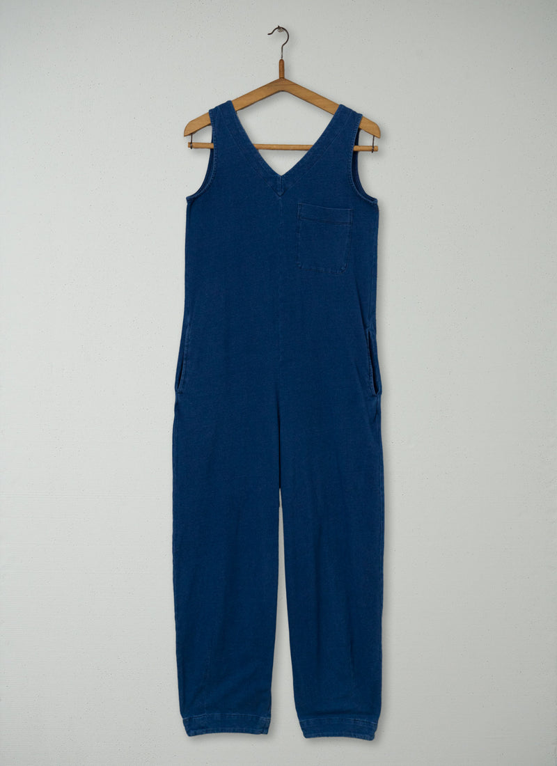 Reworn V Neck Cotton Jumpsuit Size L (1349) | Washed Indigo