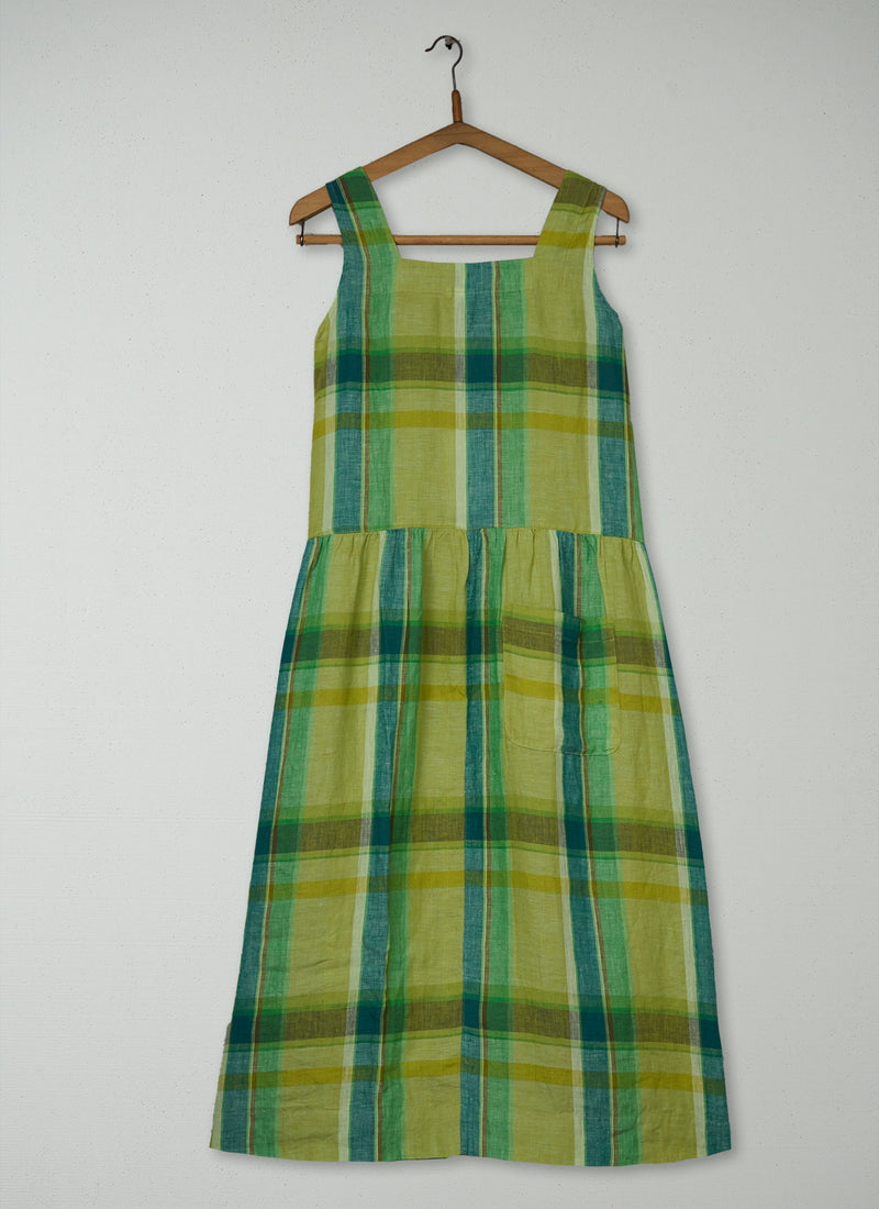 Reworn Check Linen Dropped Waist Dress Size XXS (2084) | Multi