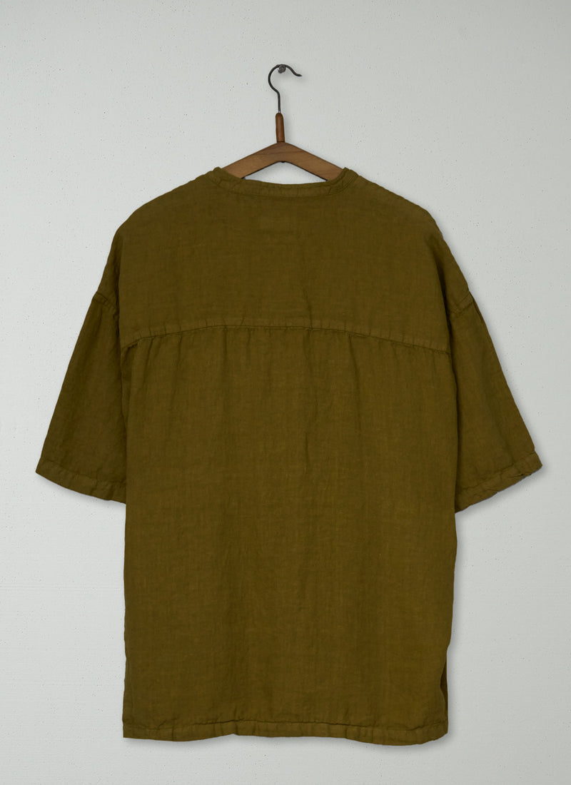 Reworn Mens Grandad Collar Linen Shirt Size M (067) | Durian Green