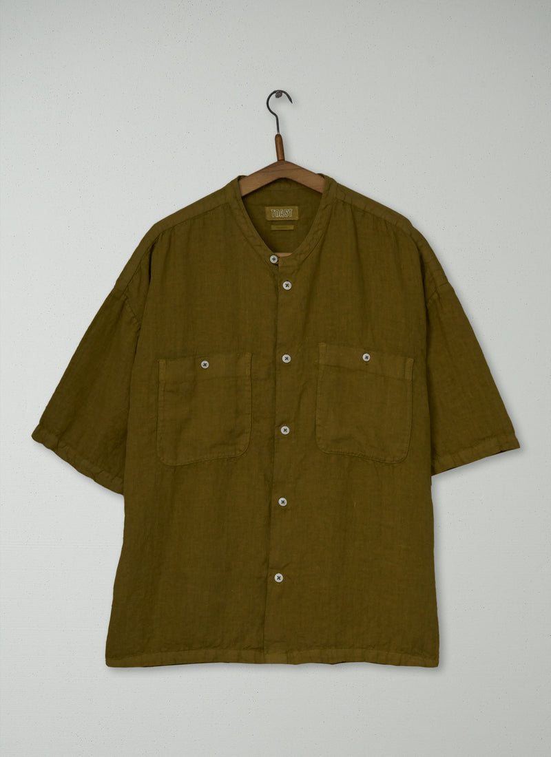 Reworn Mens Grandad Collar Linen Shirt Size M (067) | Durian Green
