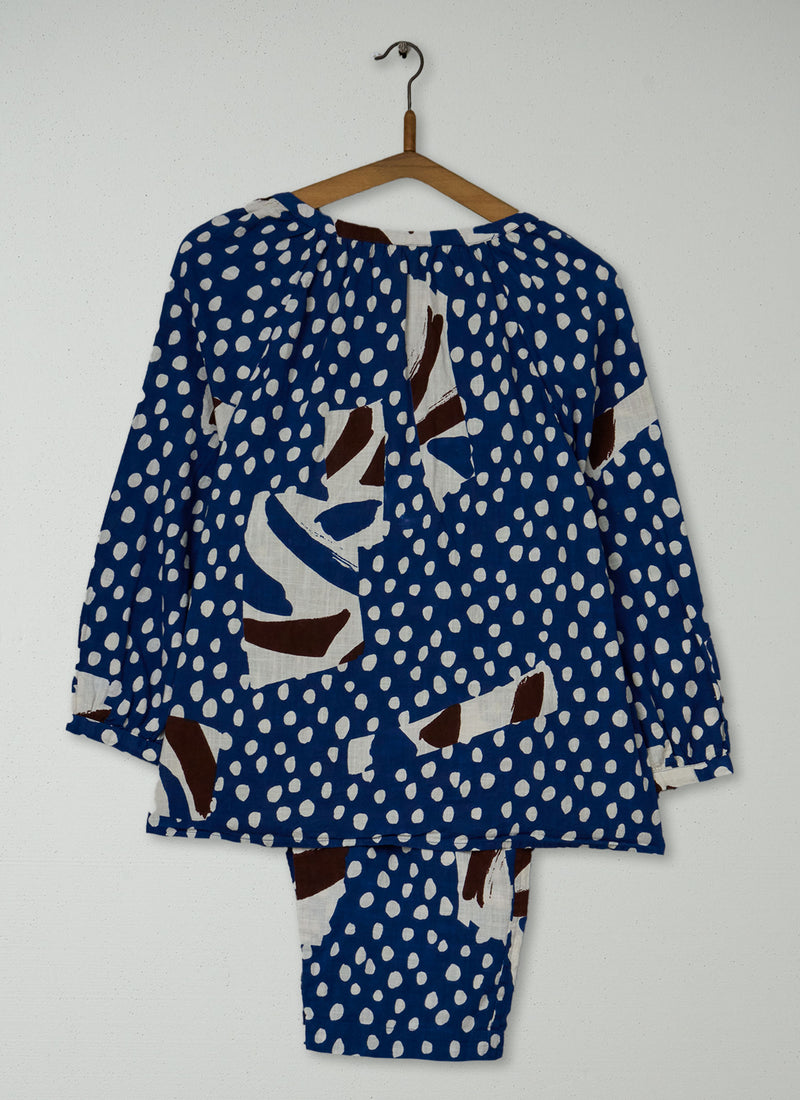 Reworn Painted Patchwork Print Cotton Pyjamas Size S (254) | Washed Blue