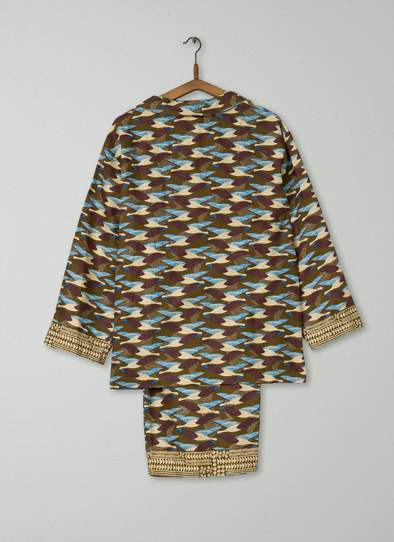 Reworn Bird Print Pyjamas Size XS (250) | Olive
