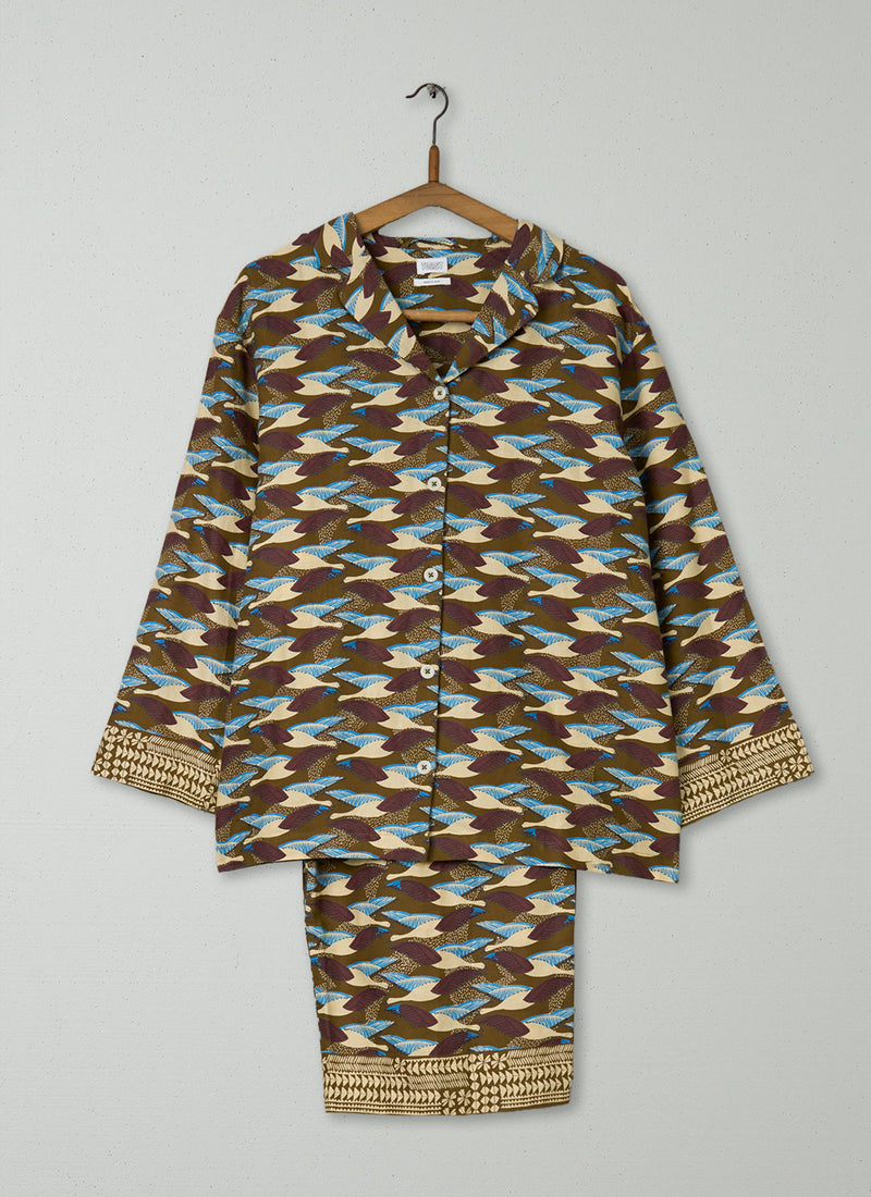 Reworn Bird Print Pyjamas Size XS (250) | Olive