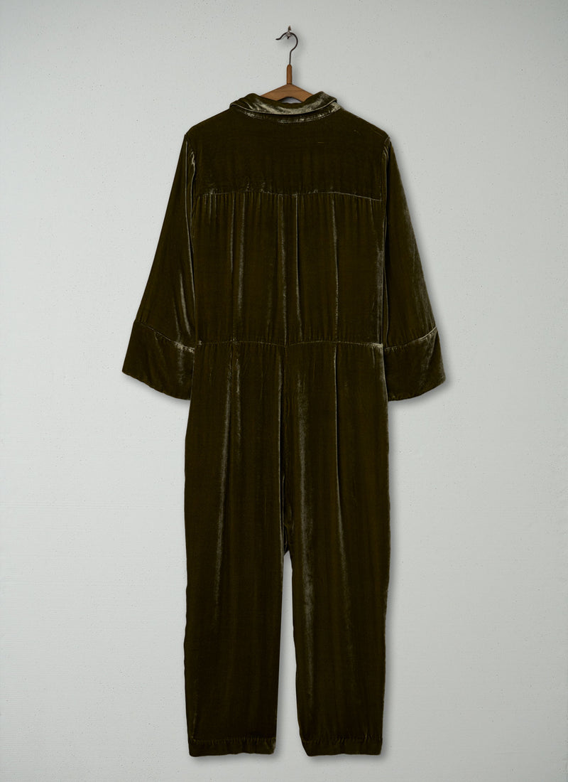 Reworn Silk Velvet Jumpsuit Size 14 (1695) | Rich Olive