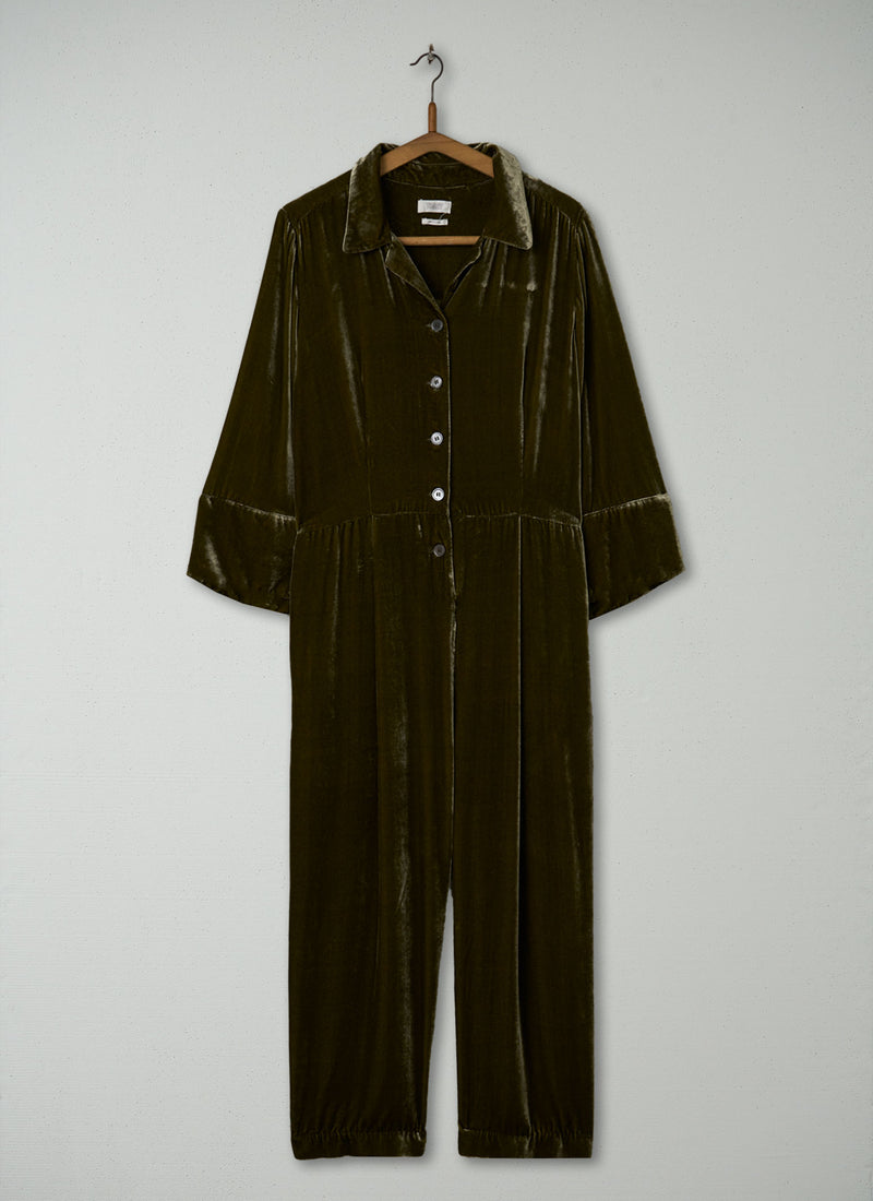 Reworn Silk Velvet Jumpsuit Size 14 (1695) | Rich Olive