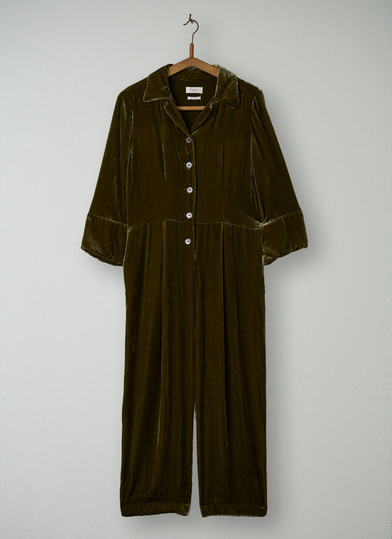 Reworn Silk Velvet Jumpsuit Size 18 (1694) | Rich Olive
