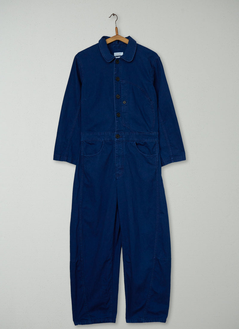 Reworn Half Placket Cotton Twill Jumpsuit Size 10 (1498) | Indigo