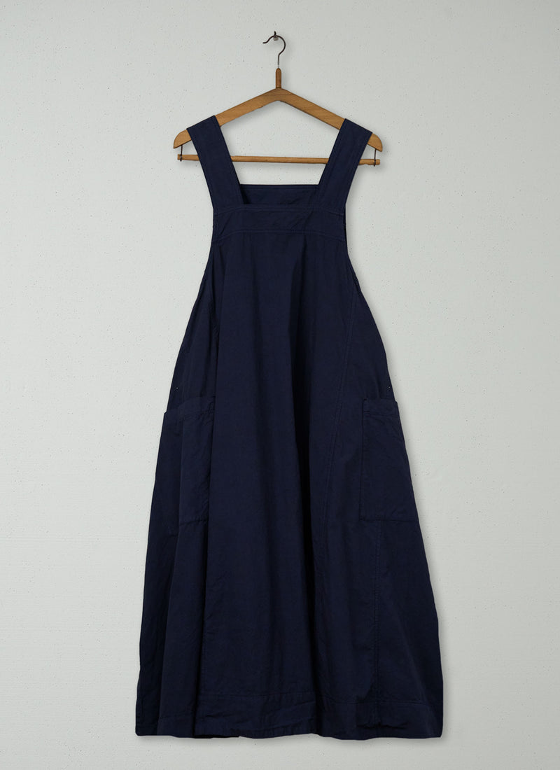 Reworn Cotton Linen Poplin Apron Dress Size XXSXS (1970) | Navy