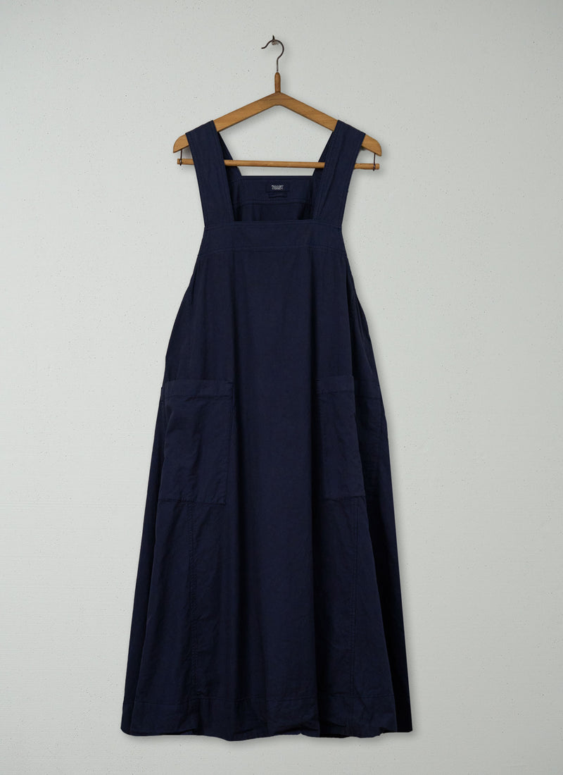 Reworn Cotton Linen Poplin Apron Dress Size XXSXS (1970) | Navy