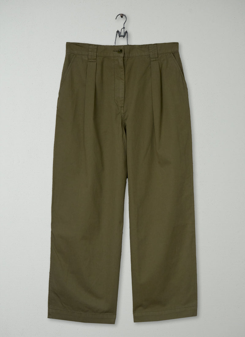 Reworn Cotton Linen Twill Trousers Size 10 (1156) | Olive Leaf