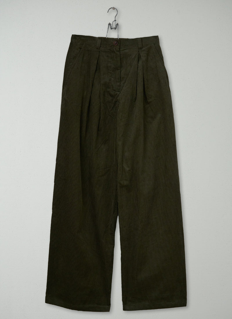 Reworn Pleat Front Cord Trousers Size 8 (1588) | Tent Green