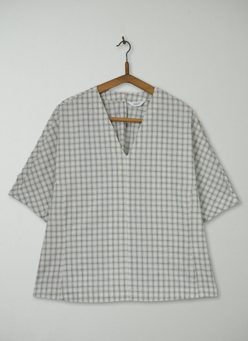 Reworn Cotton Check V Neck Top Size L (1127) | Multi