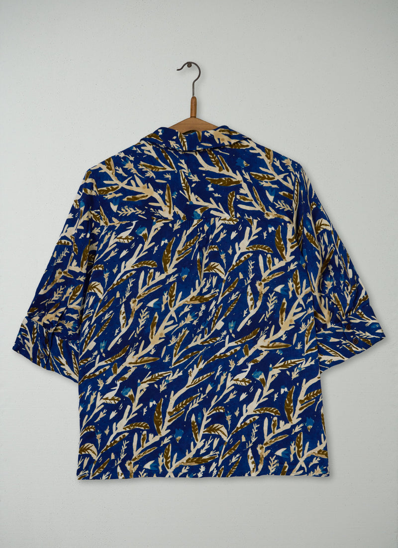Reworn Gia Herb Print Shirt Size 10 (1229) | Brilliant Blue