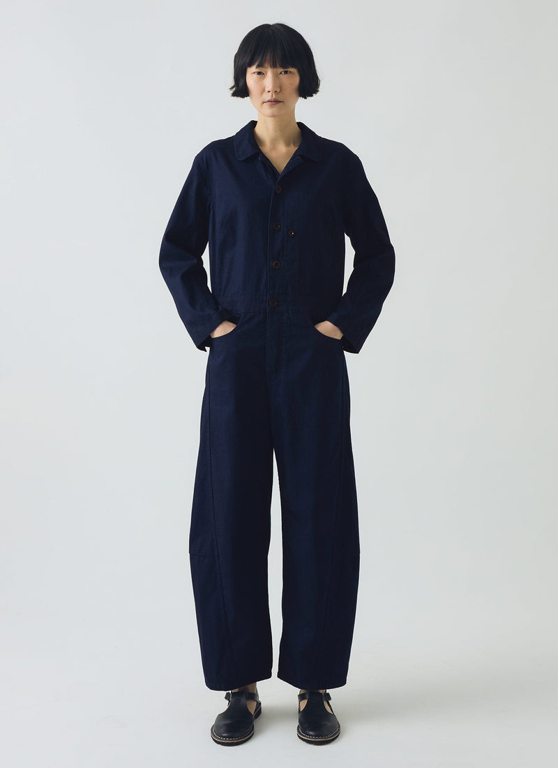 Half Placket Cotton Twill Jumpsuit | Indigo