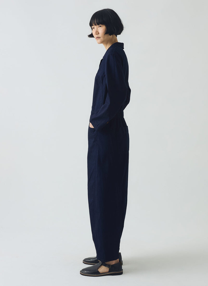 Half Placket Cotton Twill Jumpsuit | Indigo