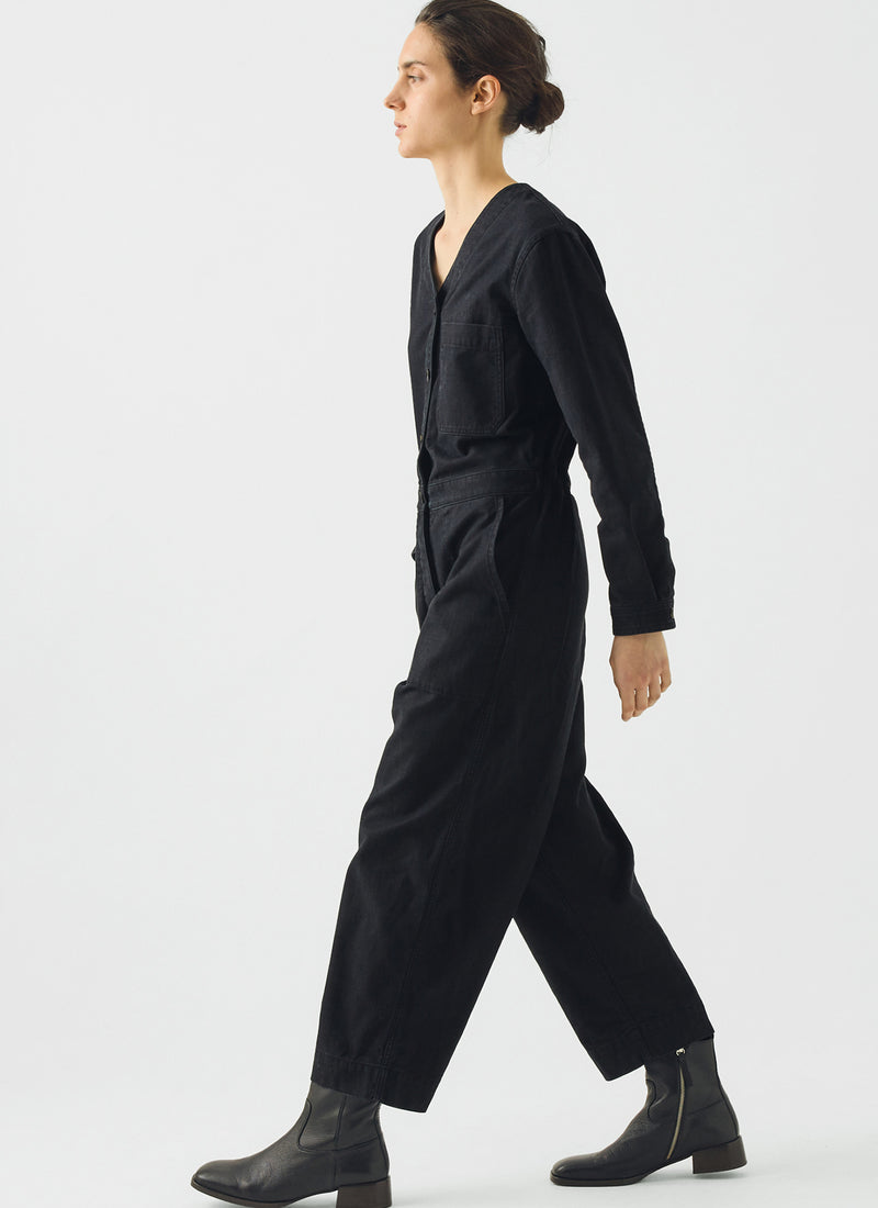 V Neck Cotton Twill Workwear Jumpsuit | Blue Black
