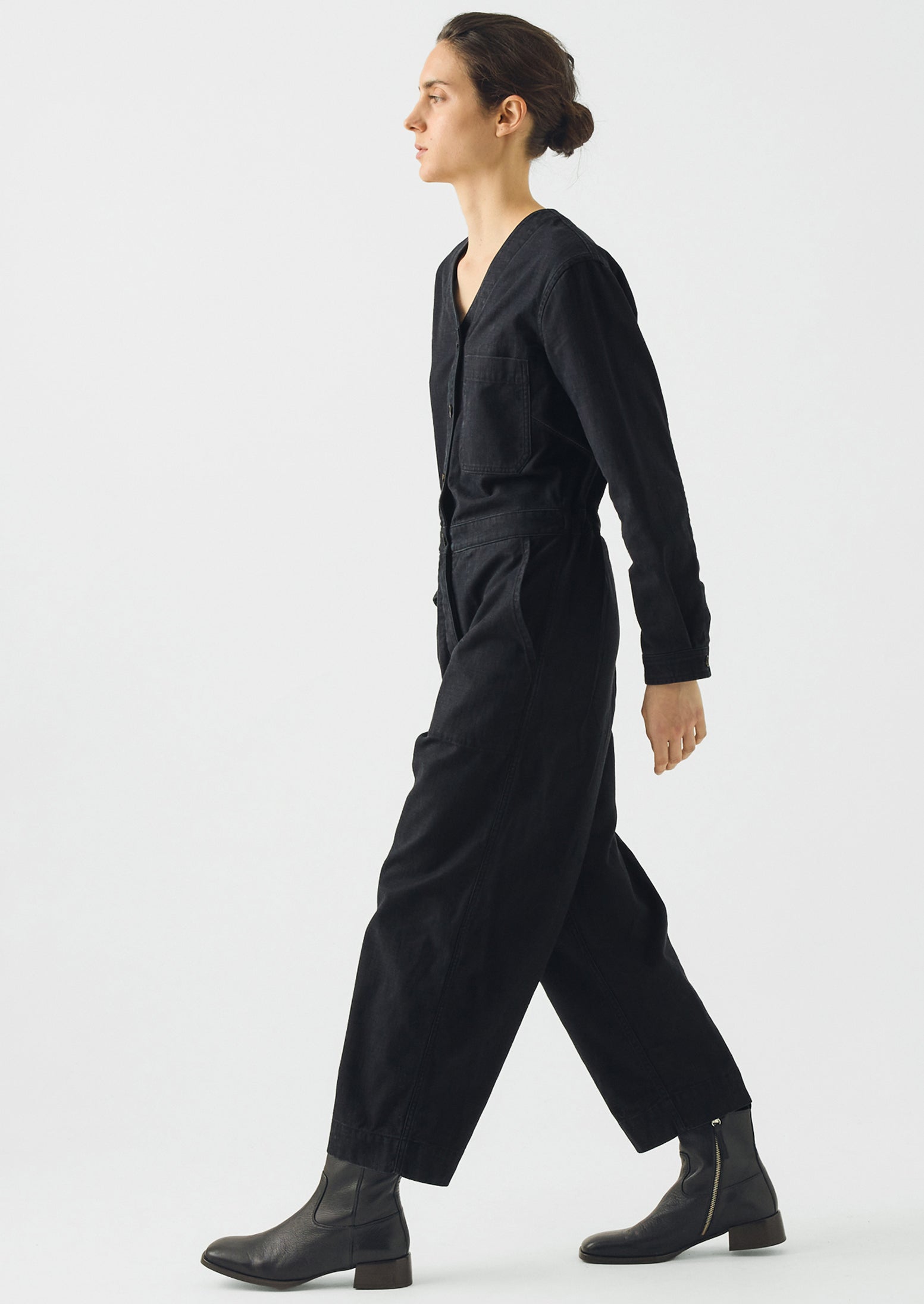 V Neck Cotton Twill Workwear Jumpsuit | Blue Black | TOAST
