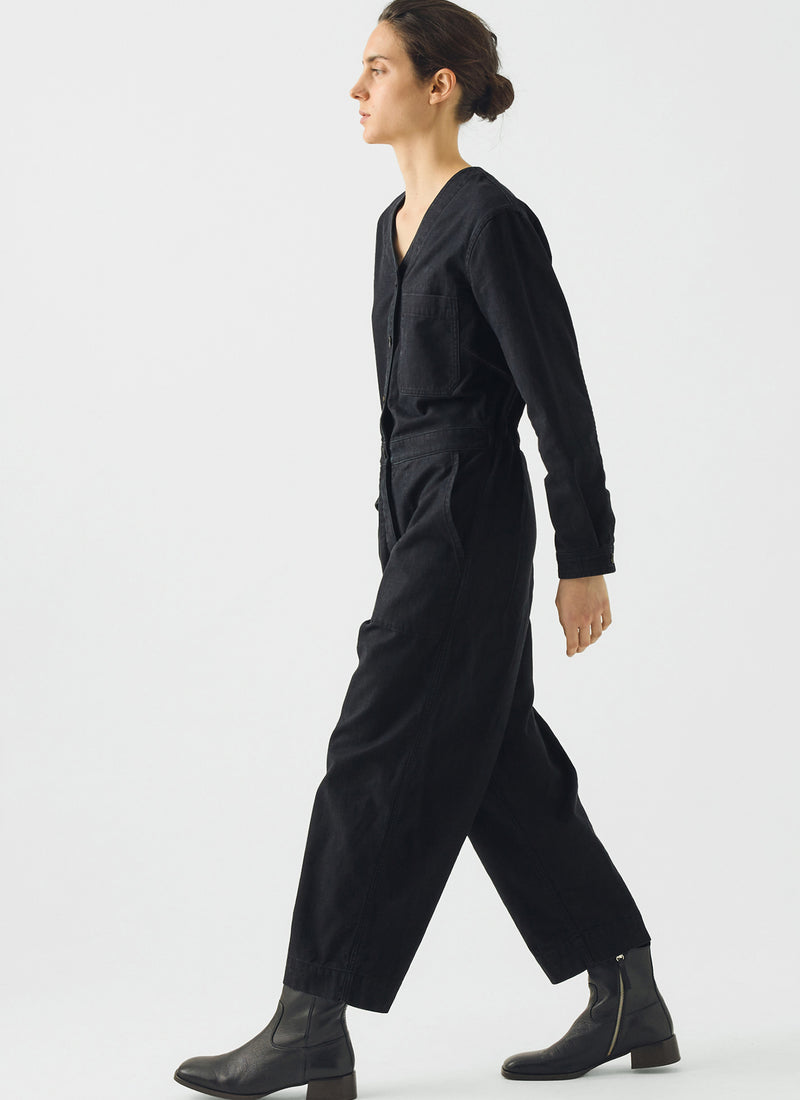 V Neck Cotton Twill Workwear Jumpsuit | Blue Black