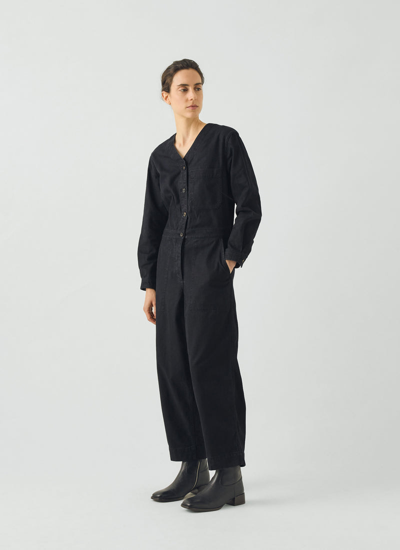 V Neck Cotton Twill Workwear Jumpsuit | Blue Black
