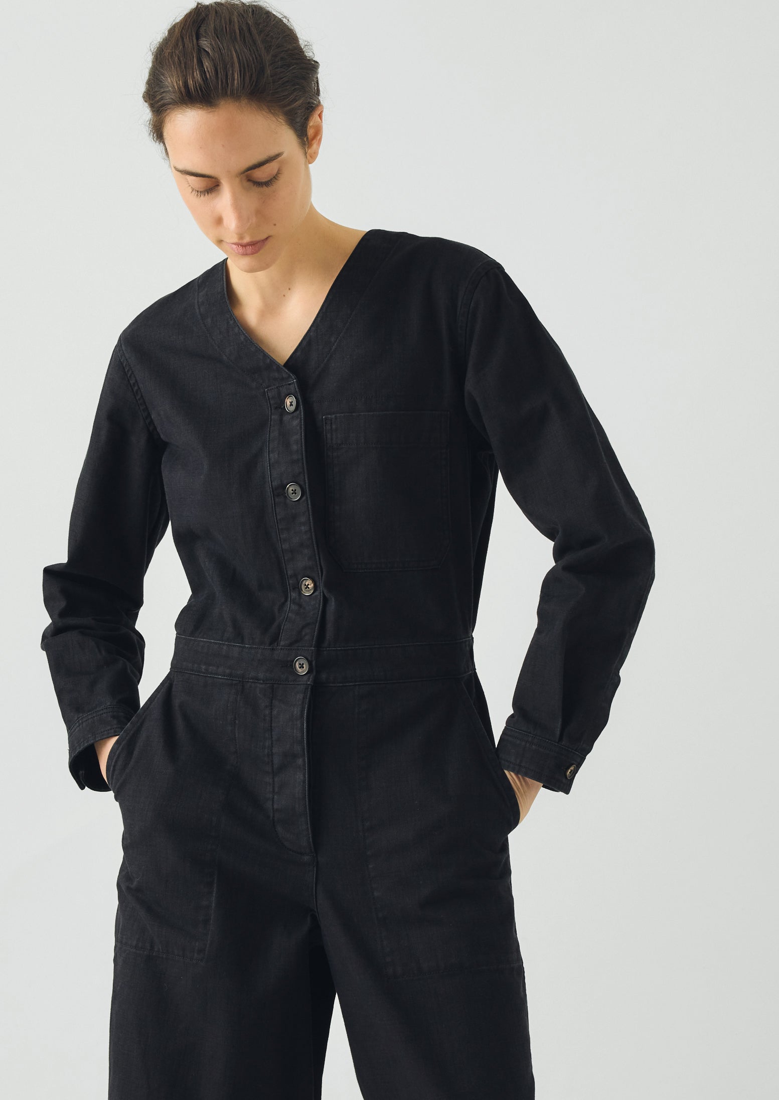 V Neck Cotton Twill Workwear Jumpsuit | Blue Black | TOAST