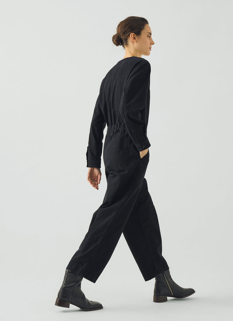 V Neck Cotton Twill Workwear Jumpsuit | Blue Black