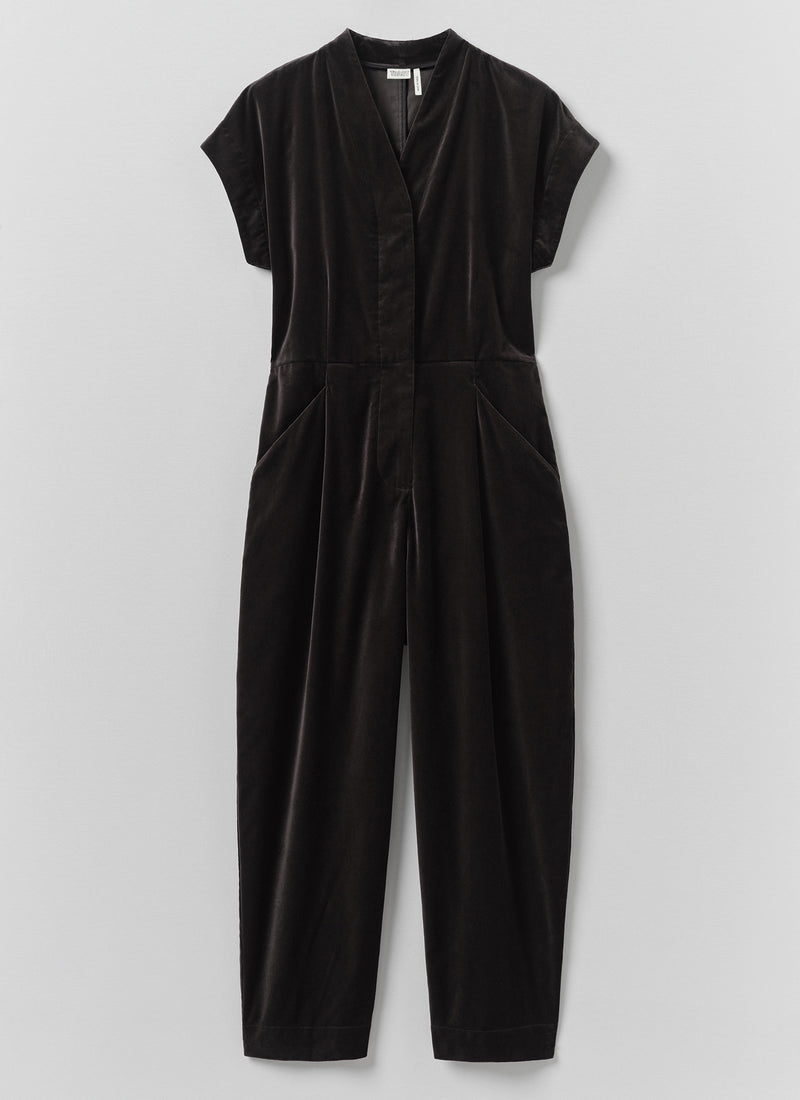 Cotton Velvet Cross Front Jumpsuit | Brown Slate