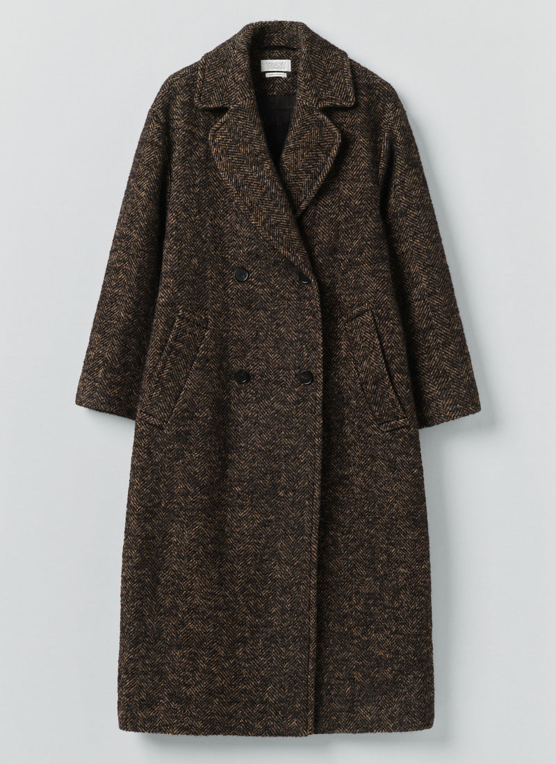 Wool Tweed Herringbone Coat | Brown/Black