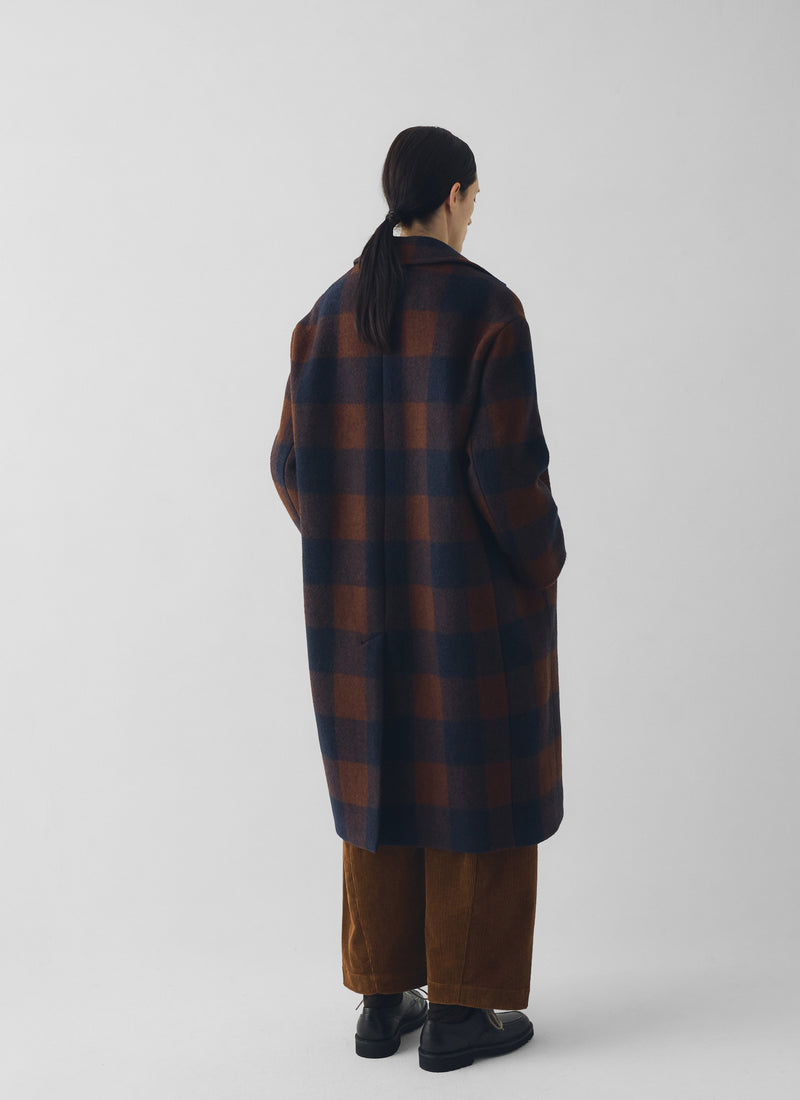 Boiled Wool Check Coat | Navy/Chestnut
