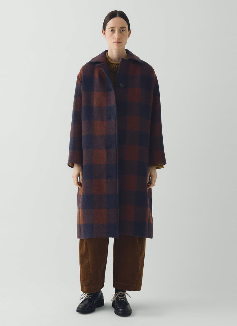 Boiled Wool Check Coat | Navy/Chestnut
