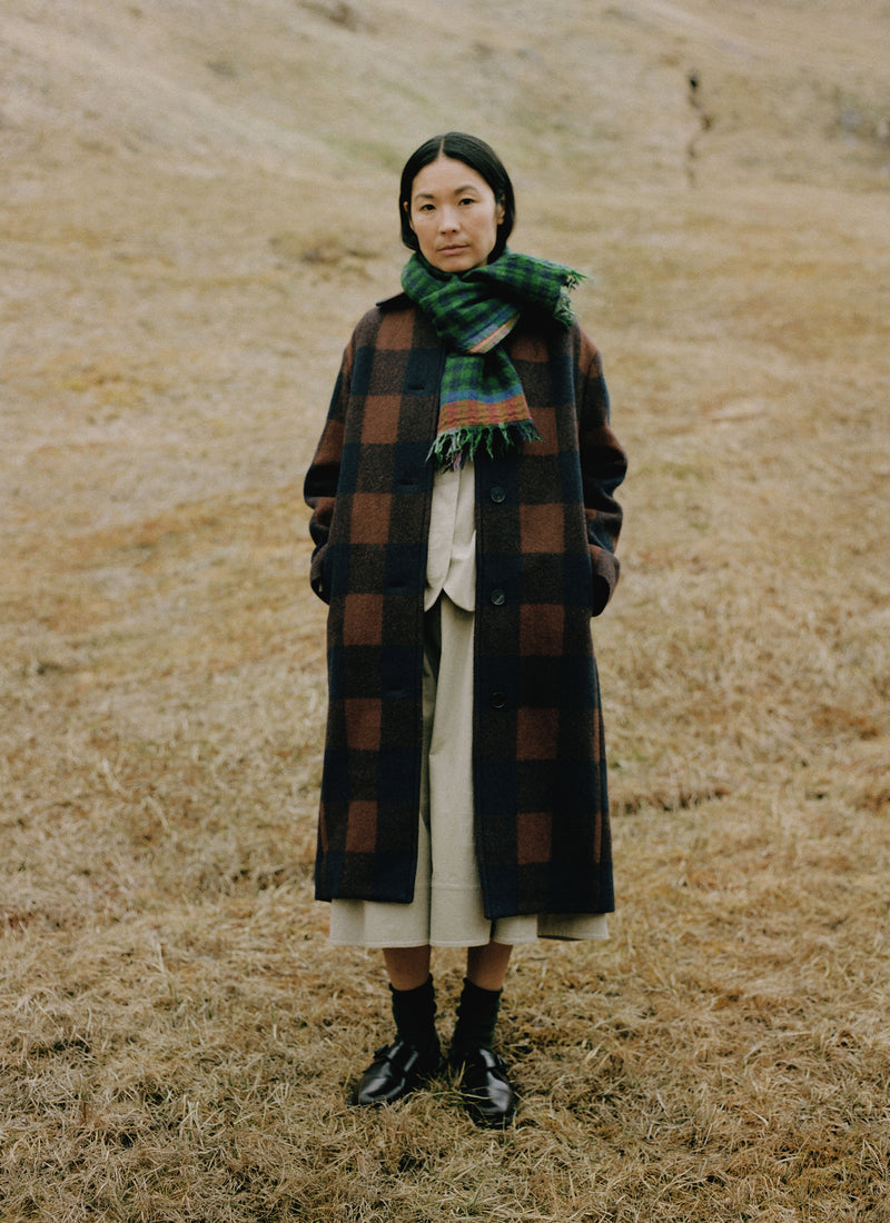 Boiled Wool Check Coat | Navy/Chestnut