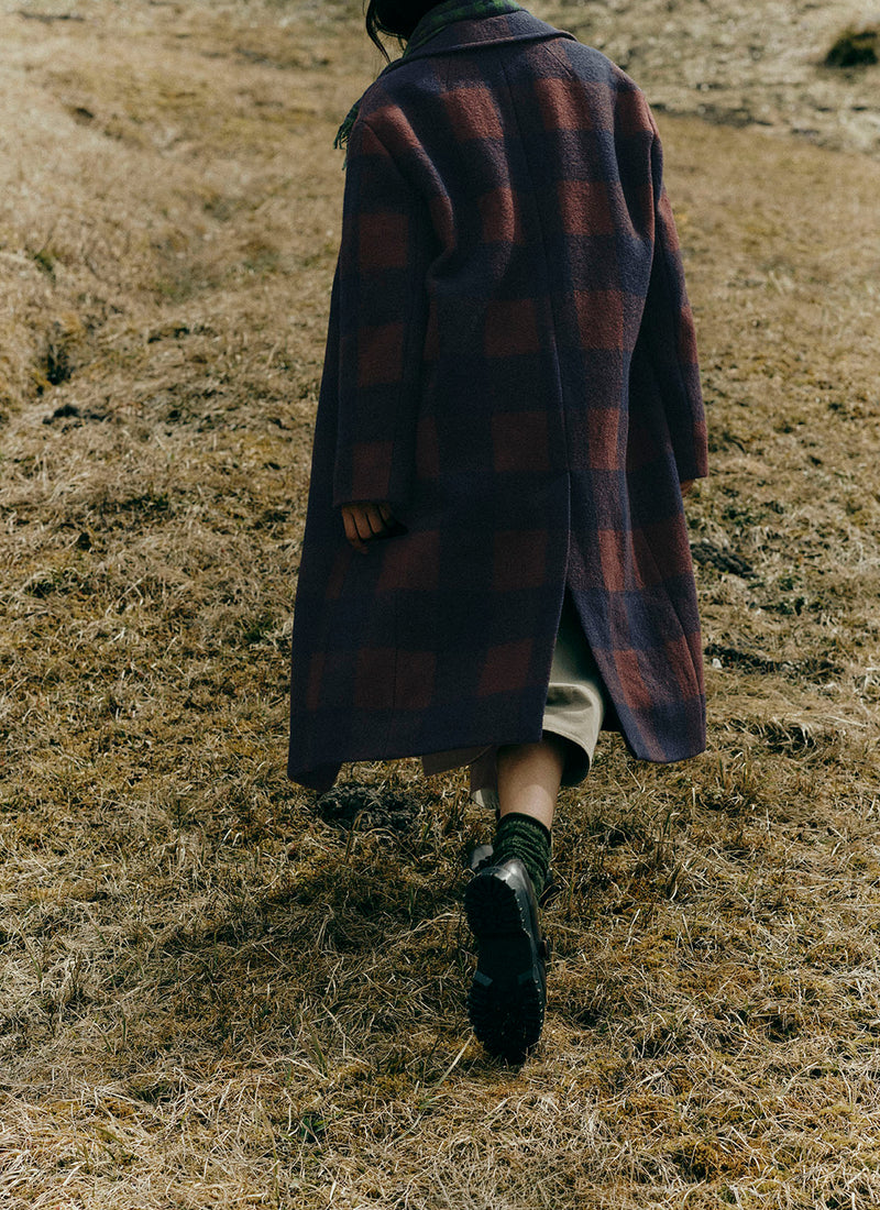 Boiled Wool Check Coat | Navy/Chestnut