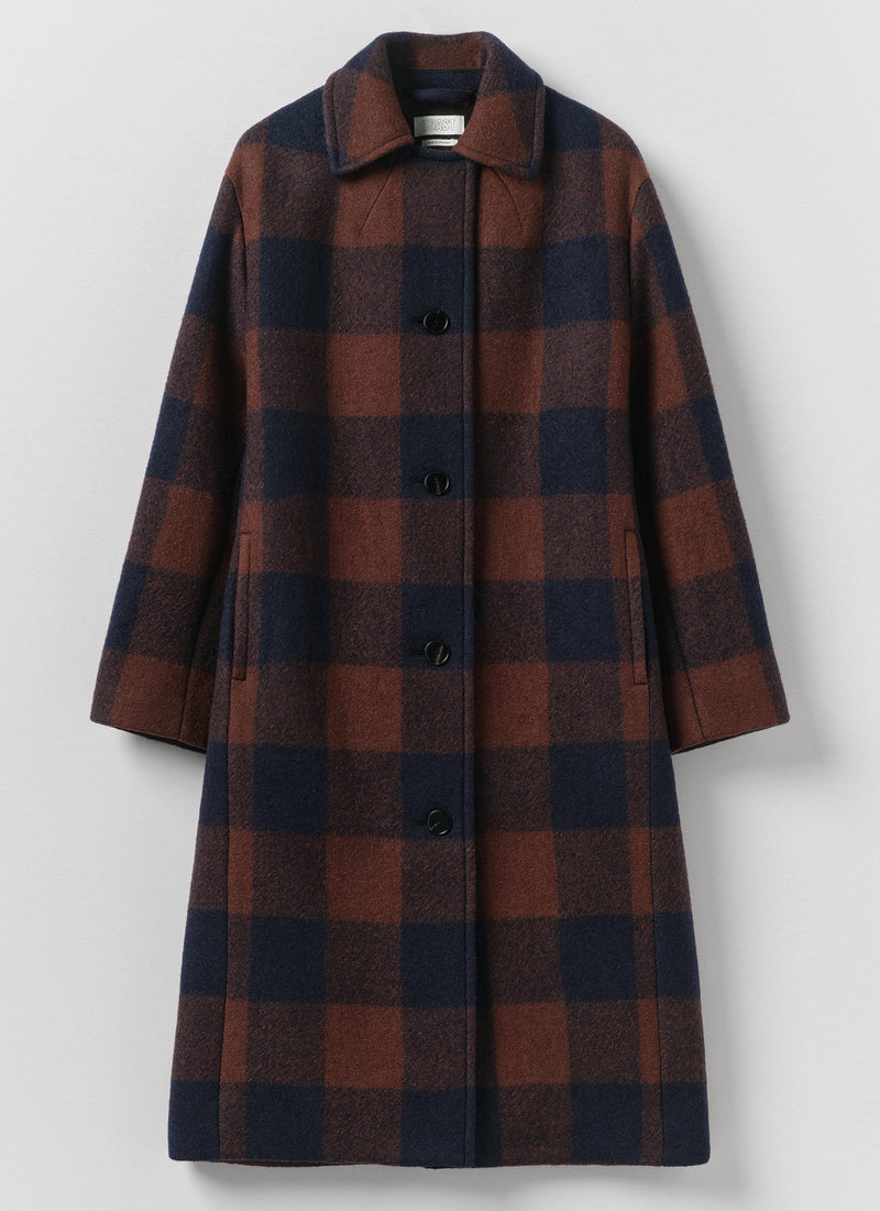 Boiled Wool Check Coat | Navy/Chestnut