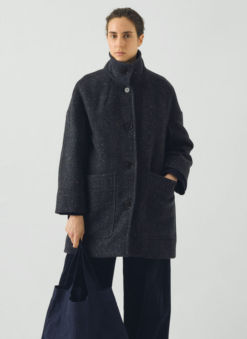 Washed Wool Herringbone Coat | Navy Melange