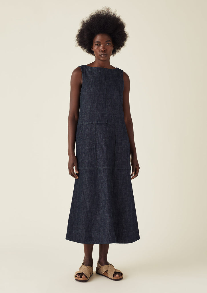 Panelled Organic Indigo Denim Dress | Indigo | TOAST