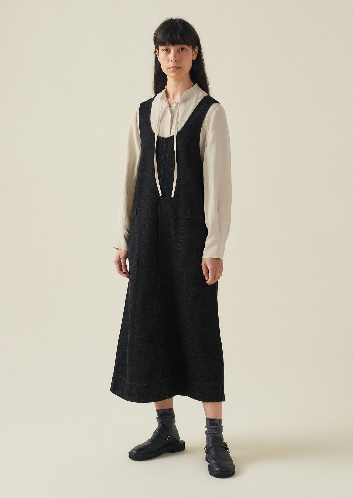 A Line Denim Pinafore Dress | Indigo