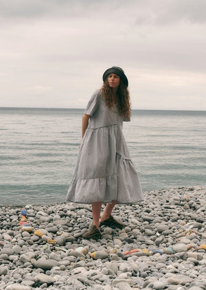Stripe Organic Crinkle Poplin Dress | Woad