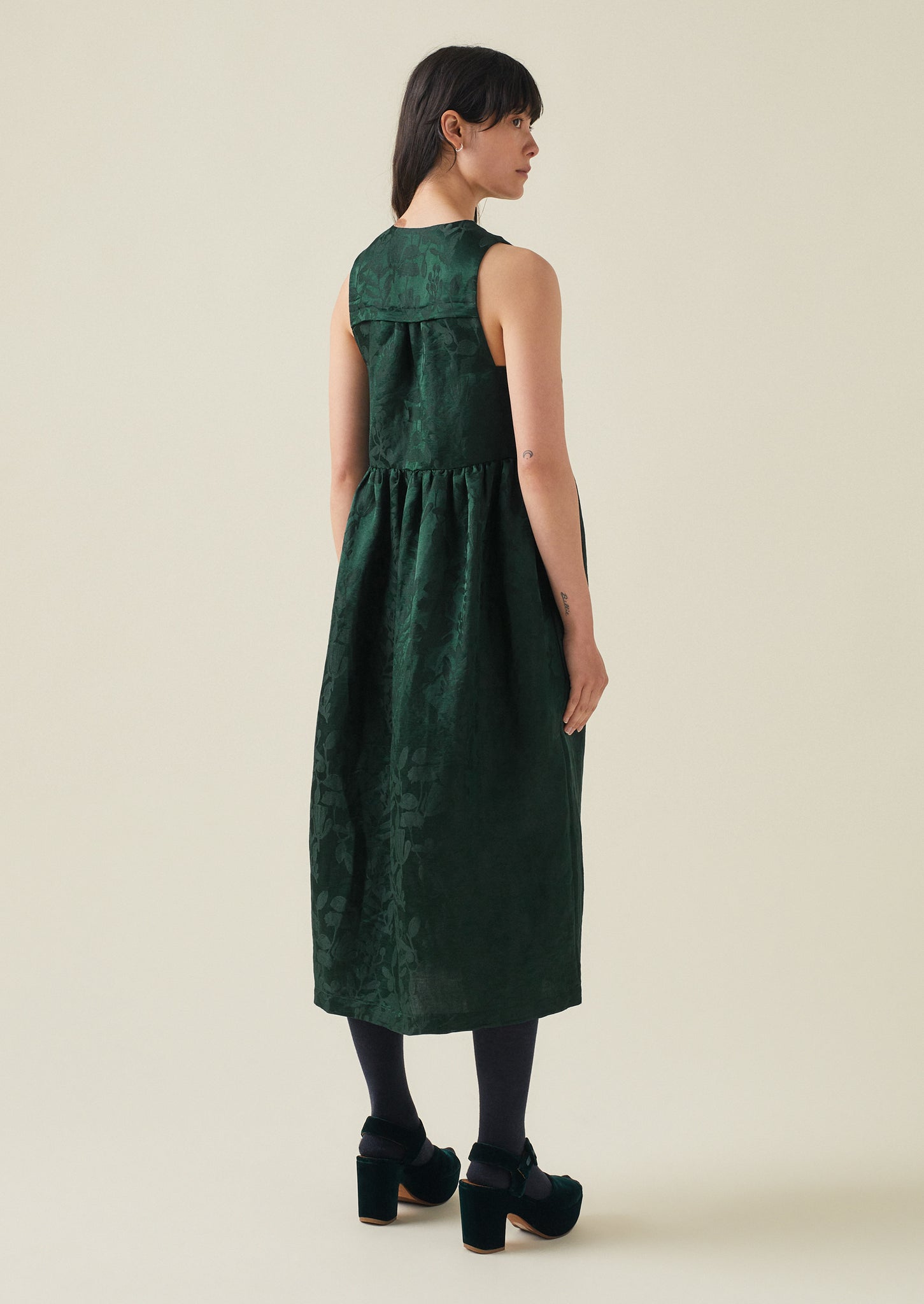 Linen Silk Jacquard Sleeveless Dress | Lapis Green