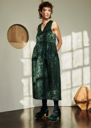 Linen Silk Jacquard Sleeveless Dress | Lapis Green