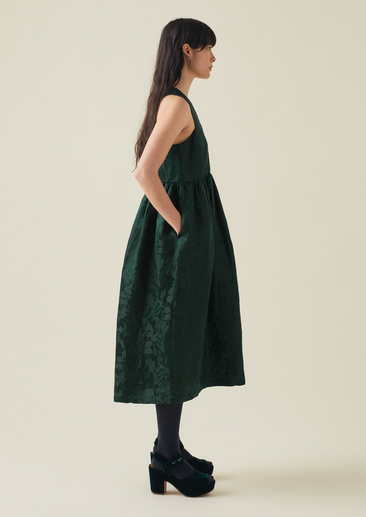 Linen Silk Jacquard Sleeveless Dress | Lapis Green