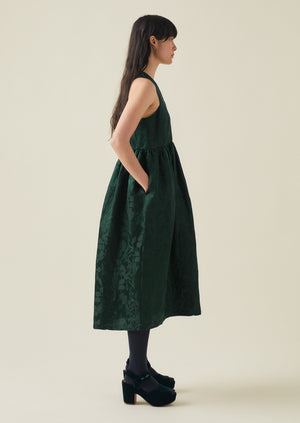 Linen Silk Jacquard Sleeveless Dress | Lapis Green