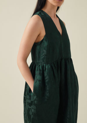 Linen Silk Jacquard Sleeveless Dress | Lapis Green