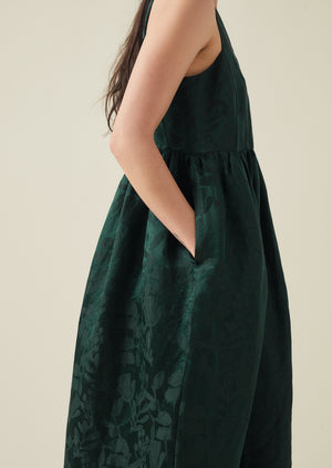 Linen Silk Jacquard Sleeveless Dress | Lapis Green