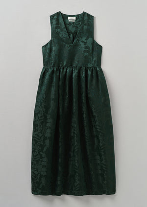 Linen Silk Jacquard Sleeveless Dress | Lapis Green