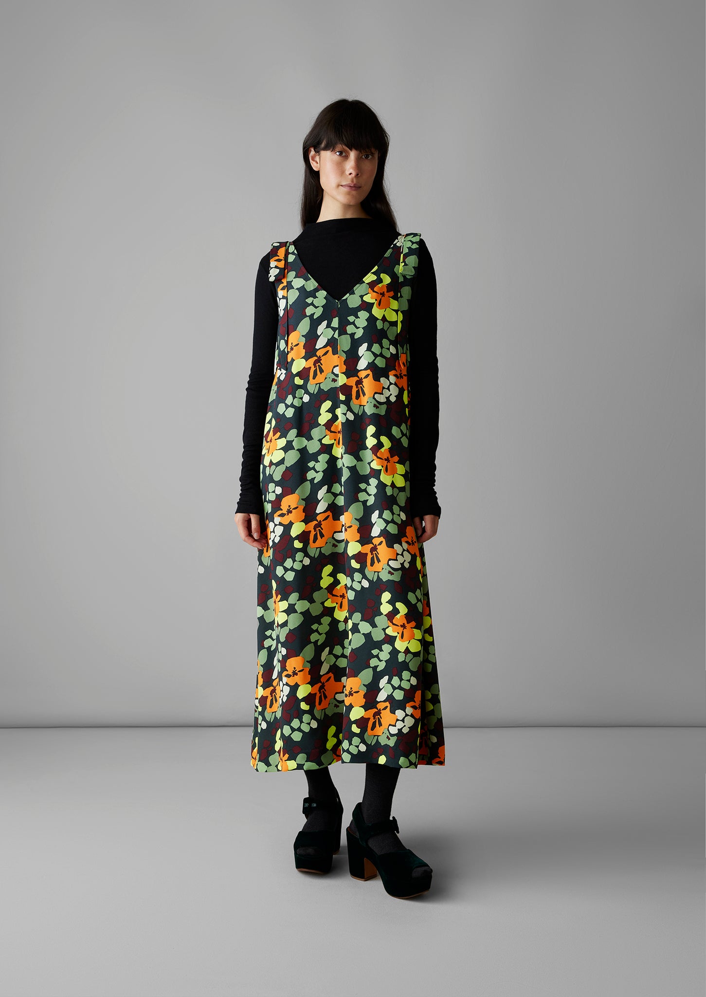 Tie Shoulder Harlequin Flower Print Dress | Chrome Green